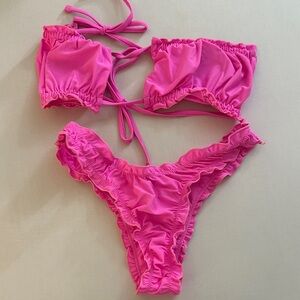 SHEIN Hot Pink Ruffled Bandeau Bikini